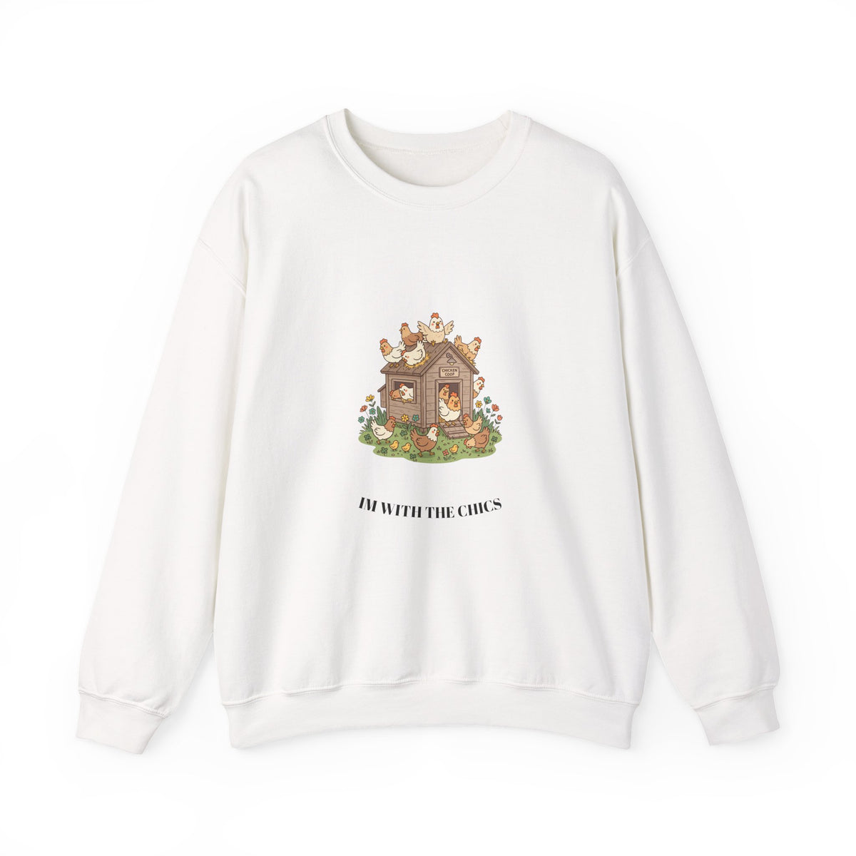Crewneck Sweatshirt - Cottage Core Woodland House 'I'm with the chicks' Cozy Graphic Pullover