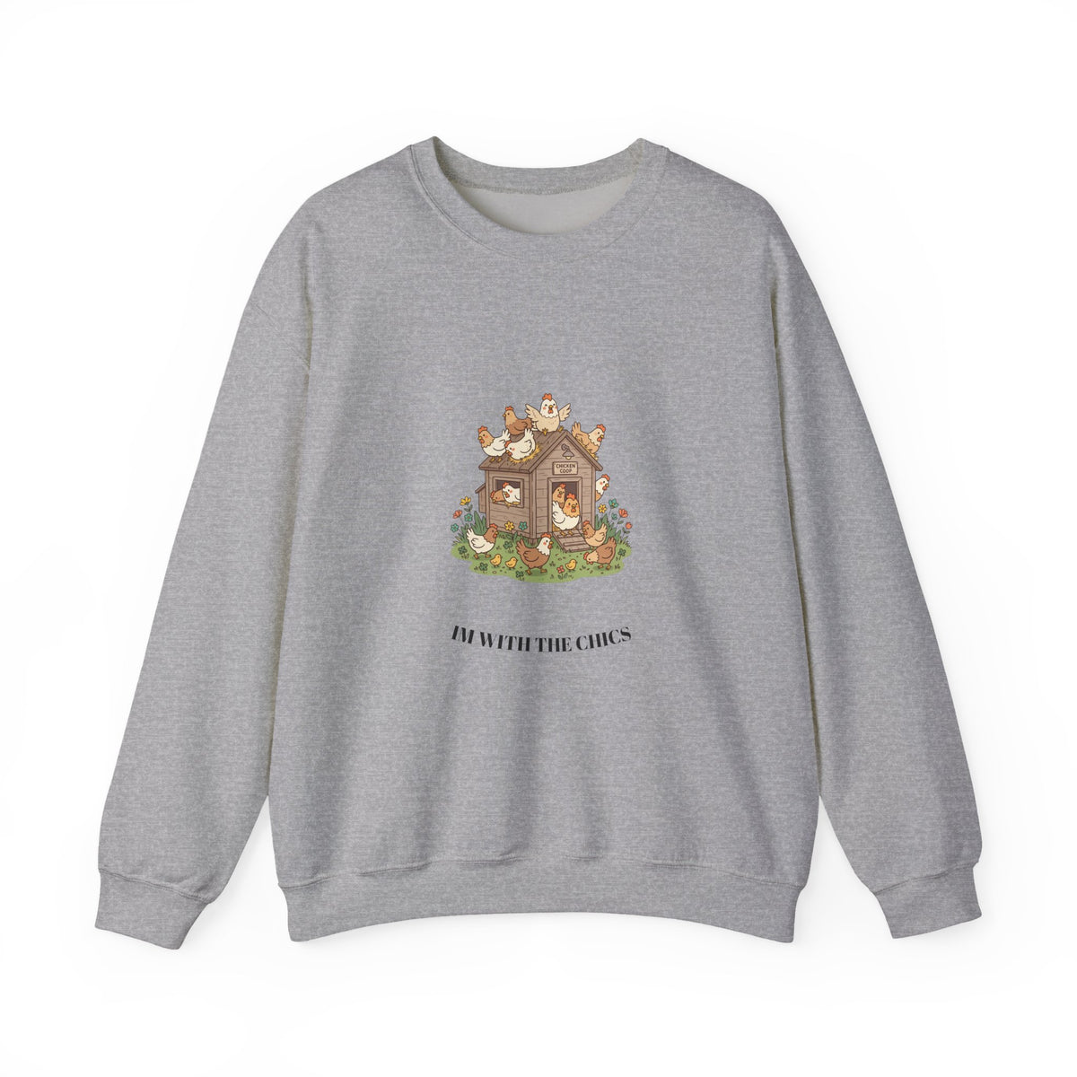 Crewneck Sweatshirt - Cottage Core Woodland House 'I'm with the chicks' Cozy Graphic Pullover