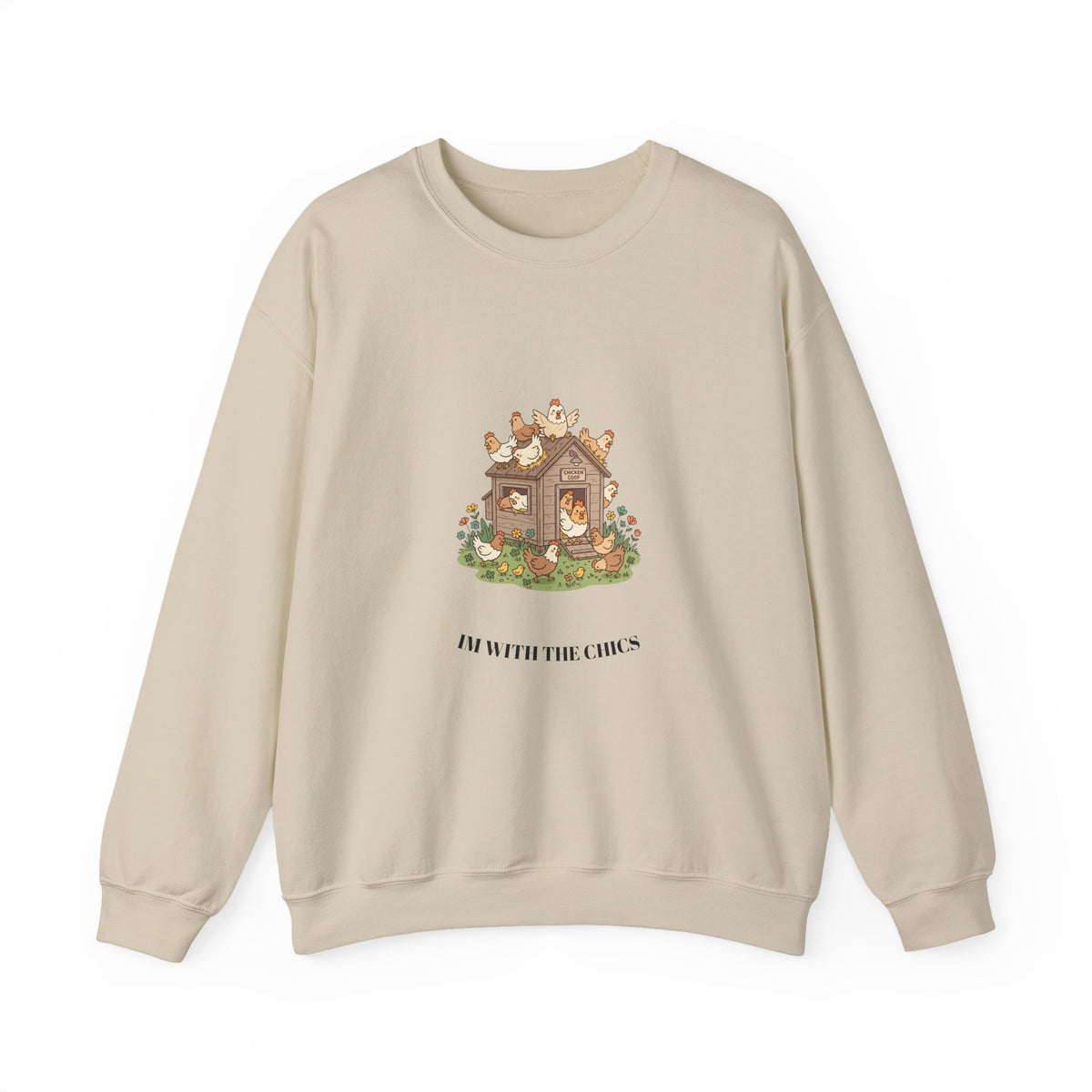 Crewneck Sweatshirt - Cottage Core Woodland House 'I'm with the chicks' Cozy Graphic Pullover