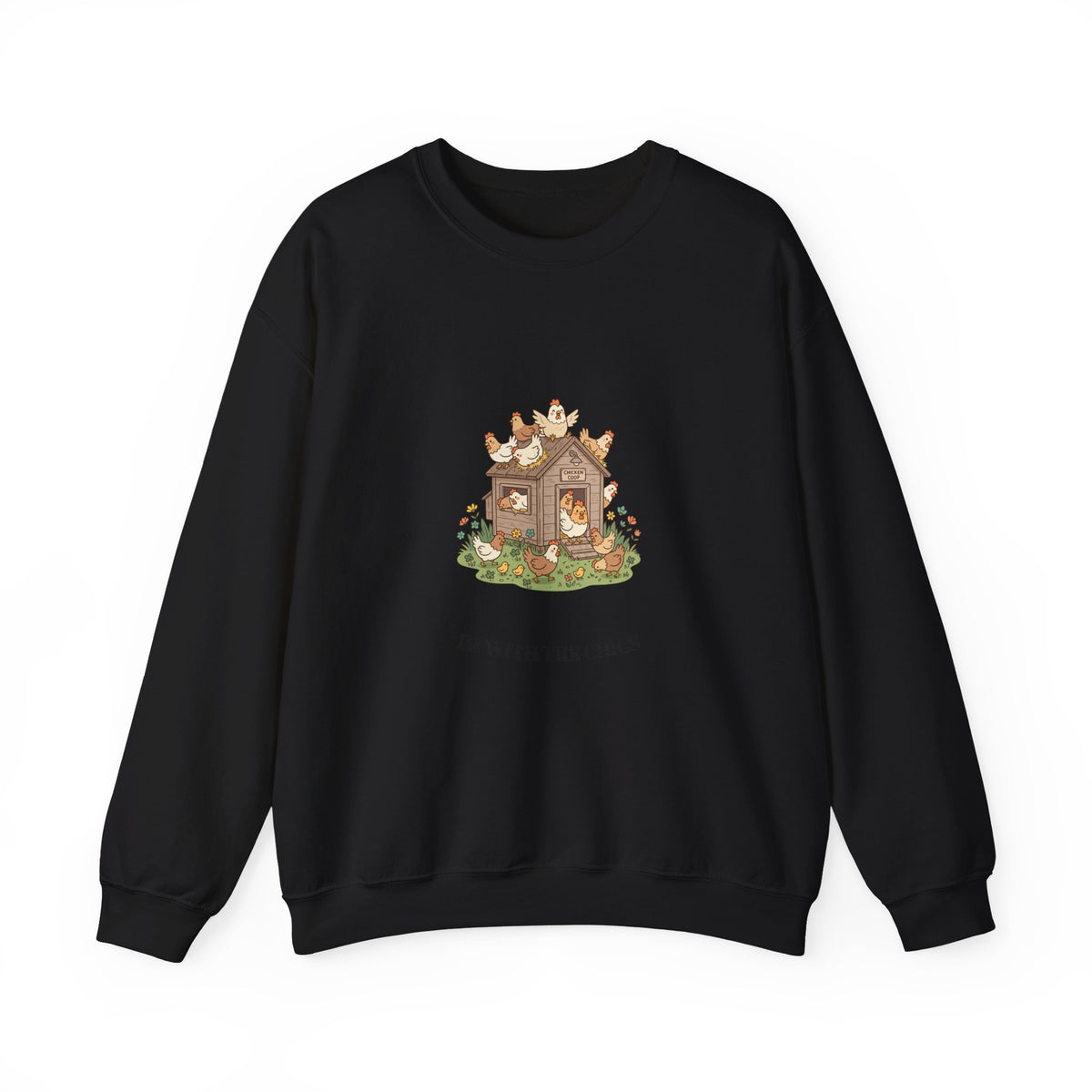 Crewneck Sweatshirt - Cottage Core Woodland House 'I'm with the chicks' Cozy Graphic Pullover