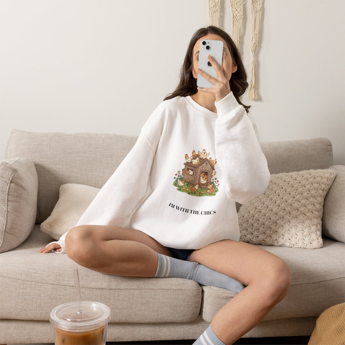 Crewneck Sweatshirt - Cottage Core Woodland House 'I'm with the chicks' Cozy Graphic Pullover