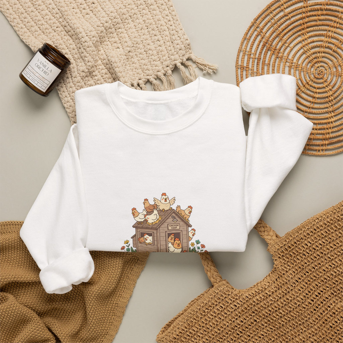 Crewneck Sweatshirt - Cottage Core Woodland House 'I'm with the chicks' Cozy Graphic Pullover
